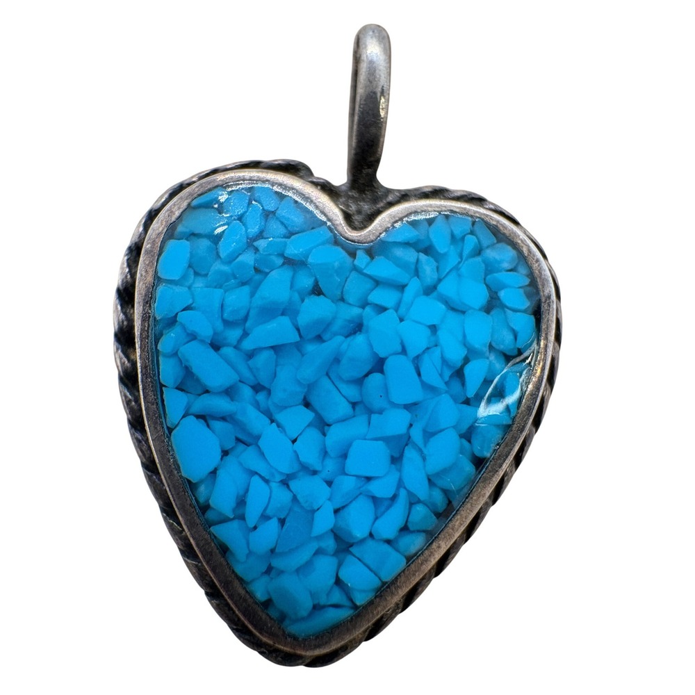 Vintage‎ Sterling Silver Crushed Turquoise Heart Pendant Southwest 2.98g